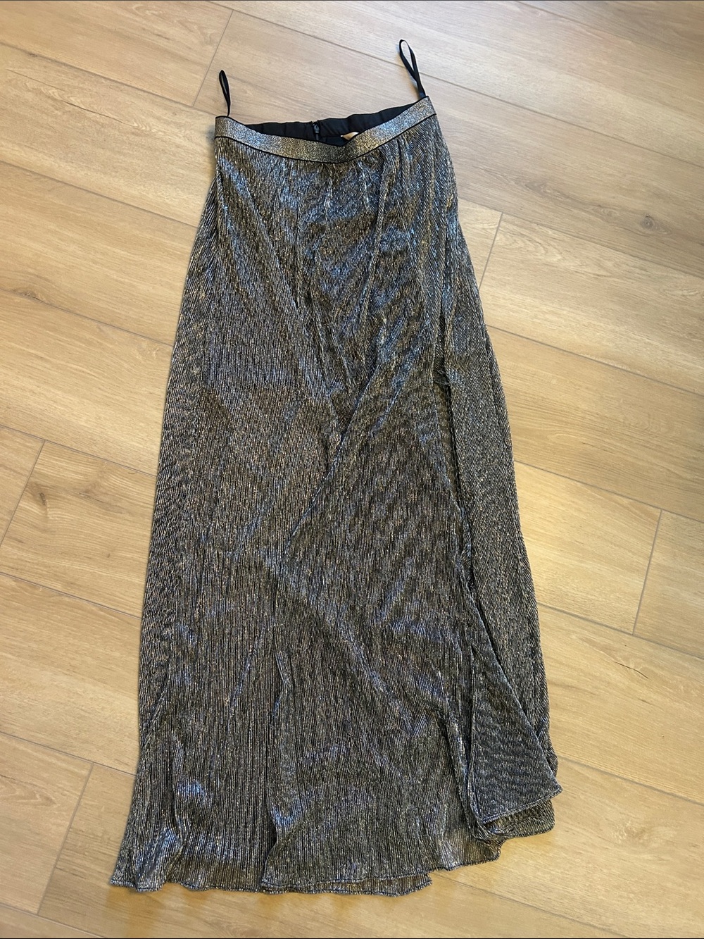 Shimmering Silver Metallic Pleated Maxi Skirt